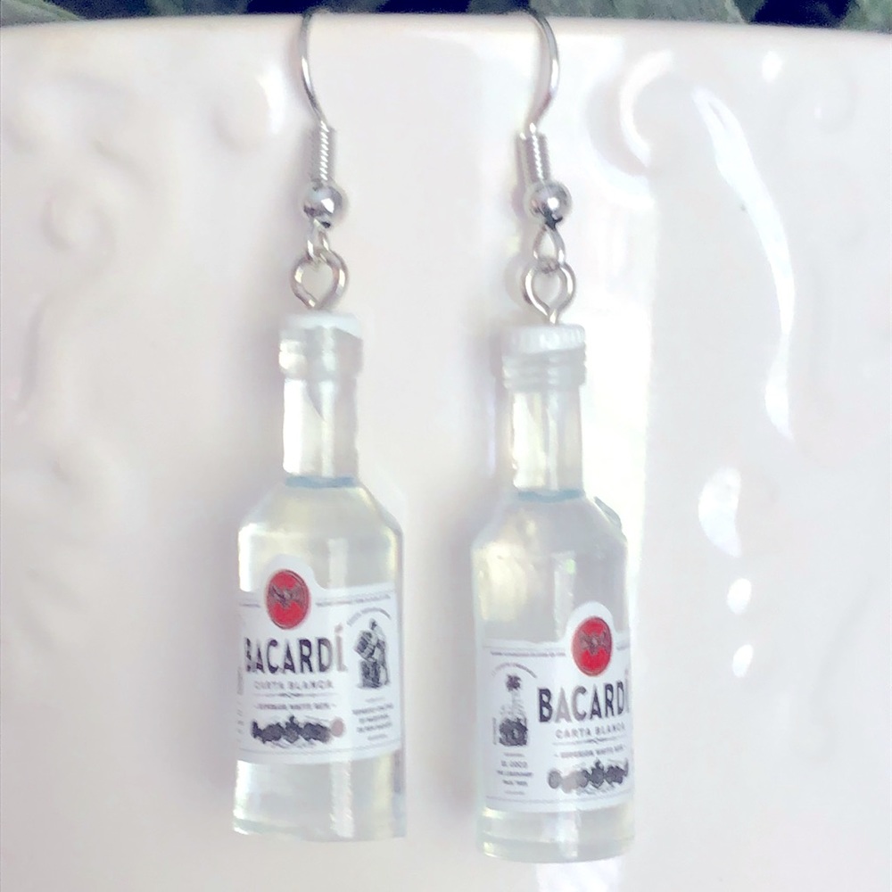 New Mini Bacardi Rum Liquor Bottle Dangling Fun Novelty Handmade Party Earrings